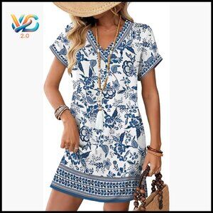 Casual Tshirt Dress V-Neck Short Sleeve A-Line Loose Fit Summer Wedding Guest